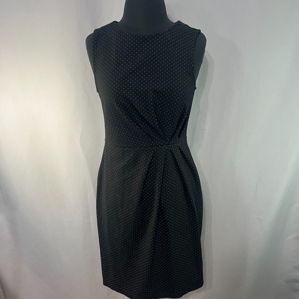 Banana Republic Sheath Dress Womens 4 Black Polka Dot Stretch Sleeveless Pleated